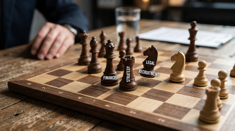 Close-up of a chessboard where key pieces are labelled strategy, finance, legal, recruitment, symbolising calculated franchise expansion moves