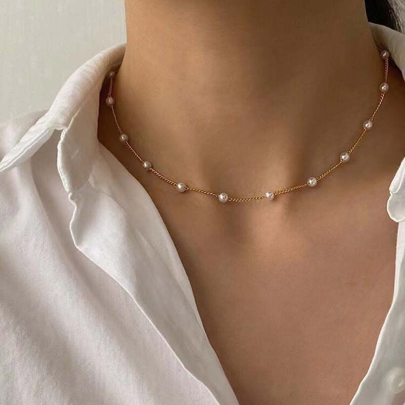 Thumbnail: New Beads Women's Neck Chain Kpop Pearl Choker Necklace Gold Color Goth Chocker 