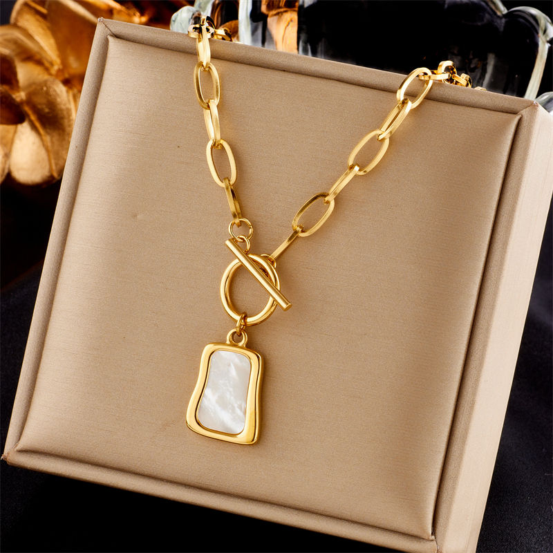 Thumbnail: DIEYURO 316L Stainless Steel Geometric Trapezoidal Pearl Oyster Pendant Necklace