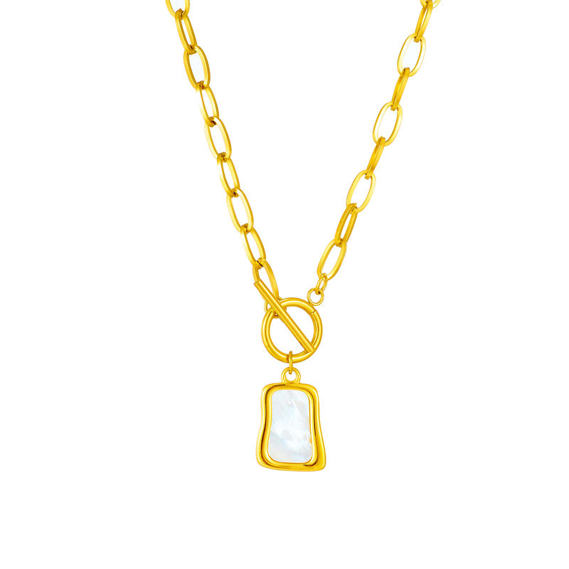 Thumbnail: DIEYURO 316L Stainless Steel Geometric Trapezoidal Pearl Oyster Pendant Necklace