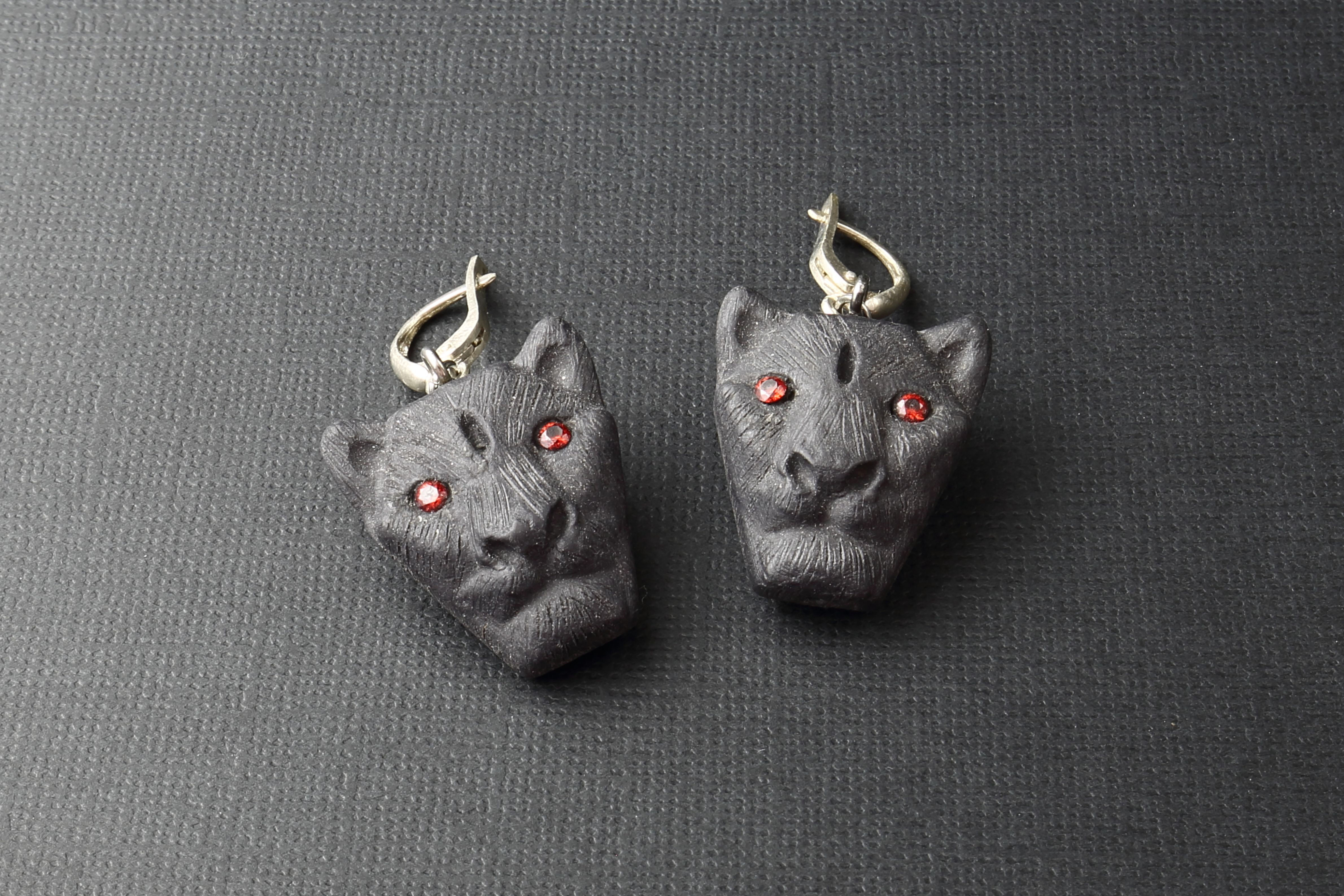 Earrings "Black panther with orange eyes"