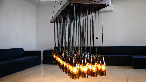 Thumbnail: Large Custom Built Beer Bottle Industrial Light Fixture Chandelier for Hotels