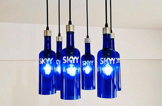 Thumbnail: Cobalt blue 6 bottle Chandelier | Industrial Skyy Vodka Bottle Light Fixture