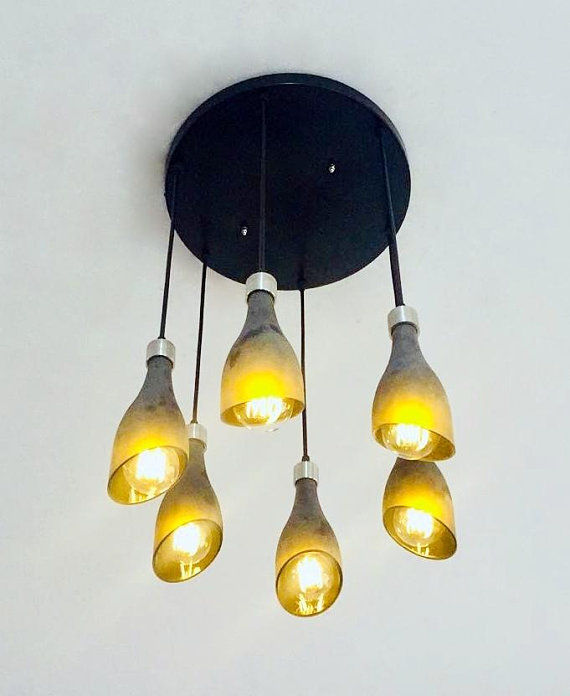 Thumbnail: Frosted Wine Bottle Lights Chandelier | Light Fixture Made from 6 Bottles