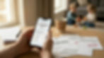 A living room view with kids playing in the background. An adult with a mobile phone in hand showing low bank balance. There is a layoff letter on the table along with some unpaid bills.