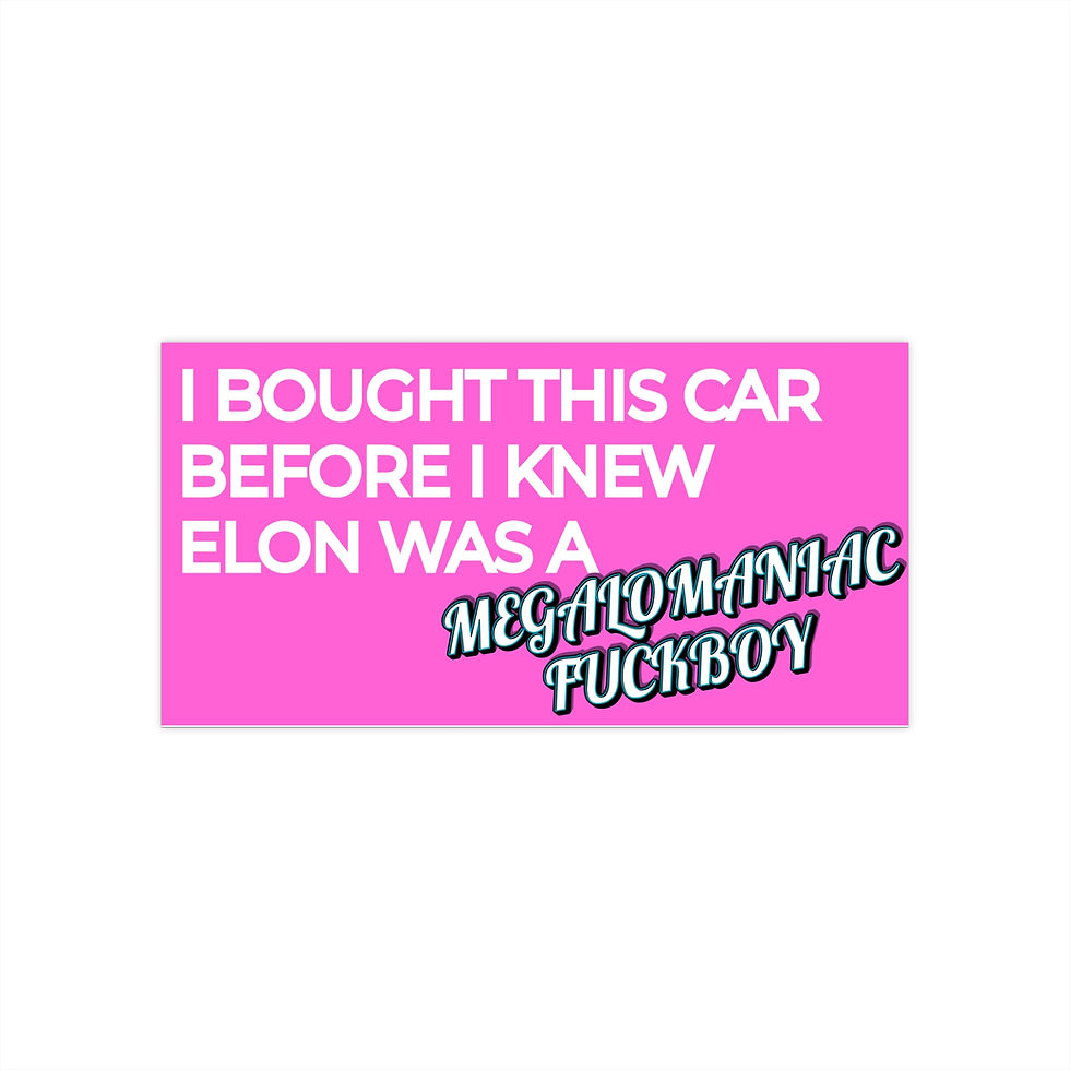 Pink bumper sticker with text I bought this car before I knew Elon was a Megalomaniac F*boy