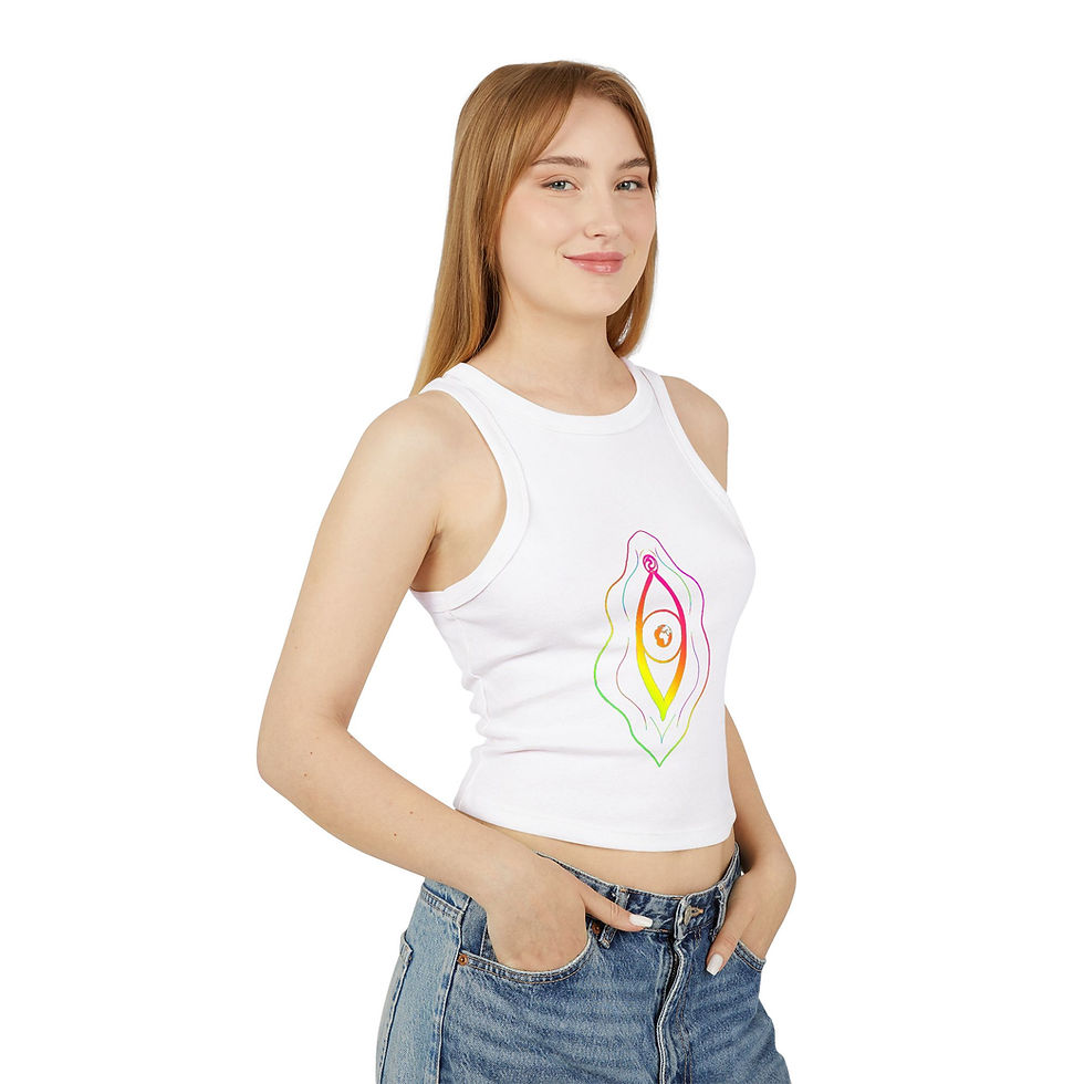 Thumbnail: Side view of woman wearing a  Love Light & Pride Women's Micro Rib Tank Top in White