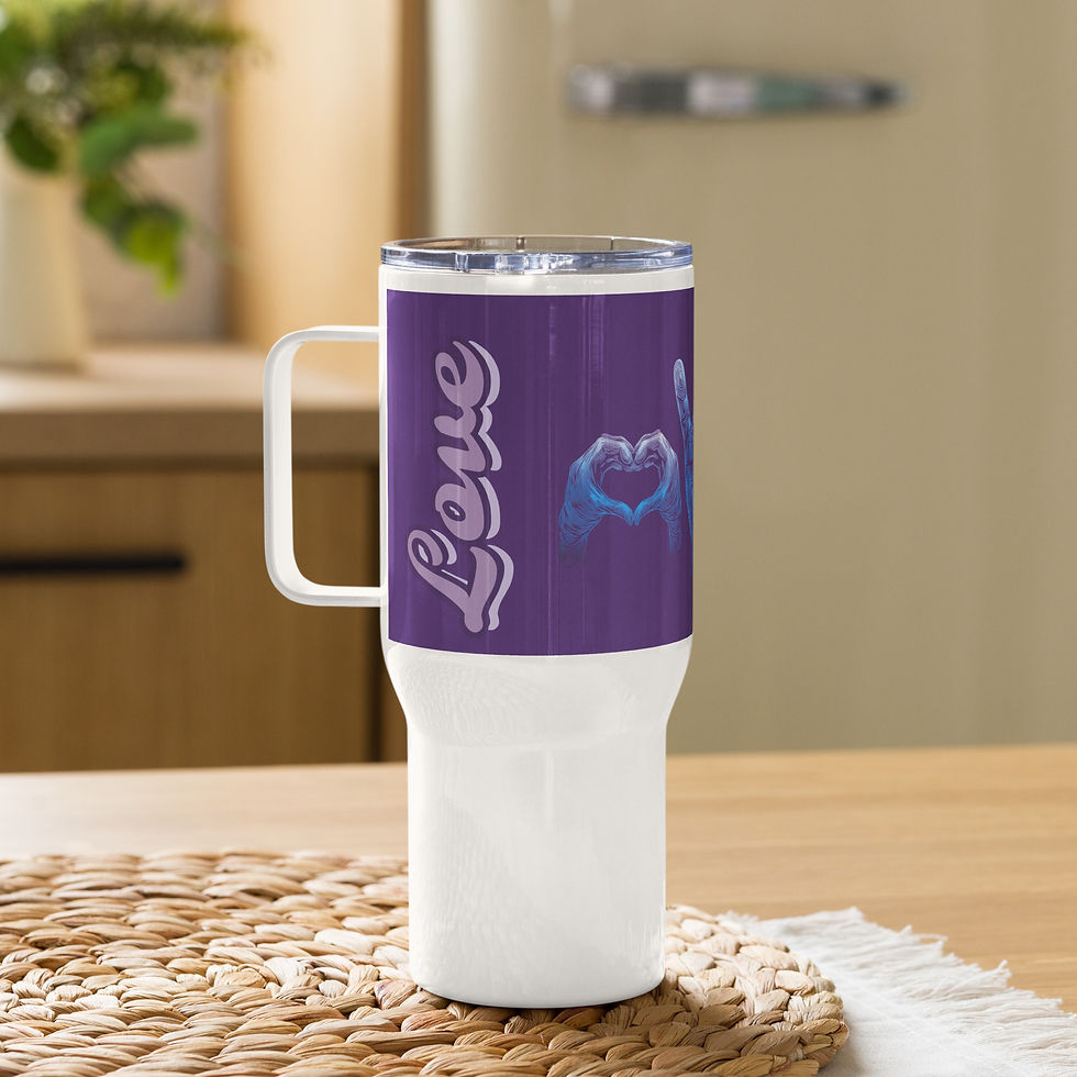 Purple travel mug with sign language art, showcasing heart hands gesture.
