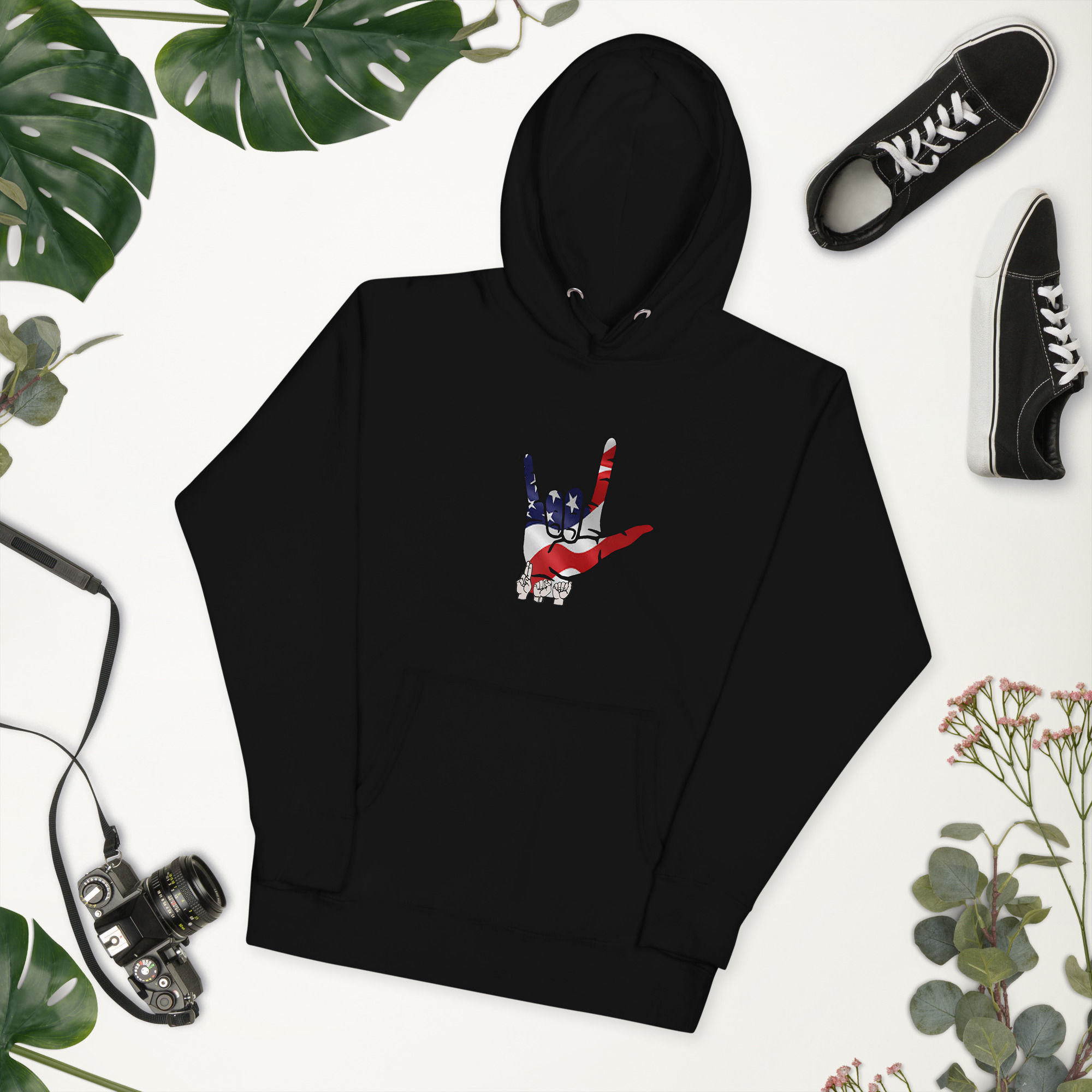 ASL 'ILY' with USA Flag: Unisex Hoodie