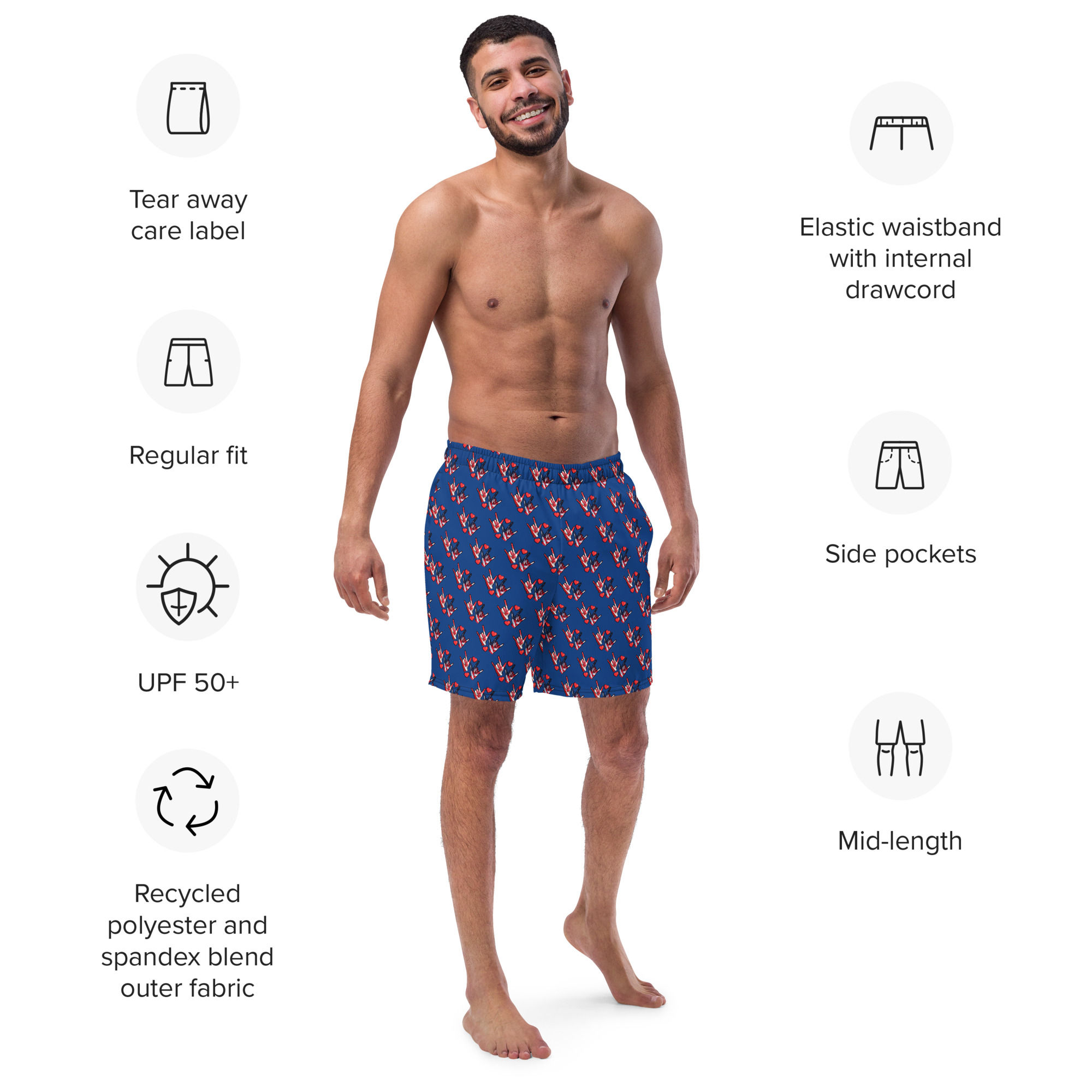 ASL 'ILY' with Canada/USA: All-Over Print Recycled Swim Trunk