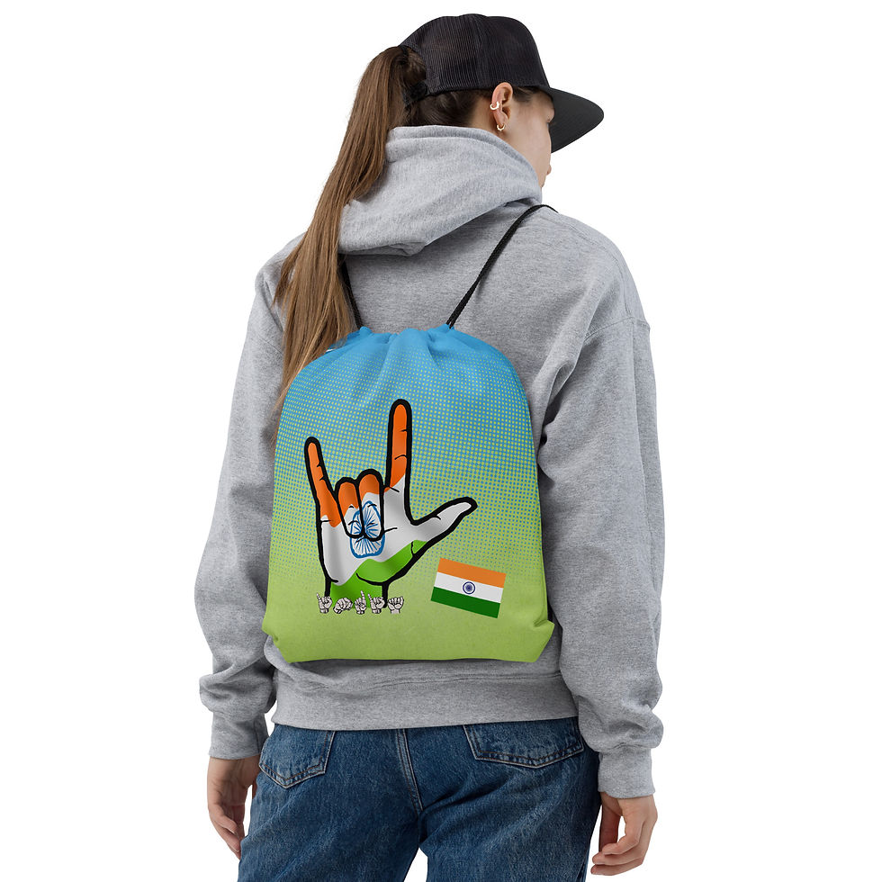 ASL 'ILY' with India flag: Drawstring bag