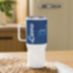 Blue travel mug with sign language, showcasing heart hands art.