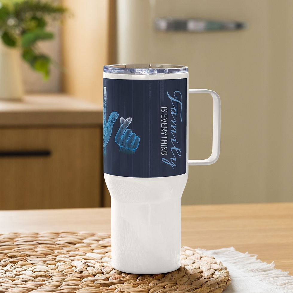 Thumbnail: Dark blue and navy travel mug with korean sign language art, showcasing finger heart gesture.