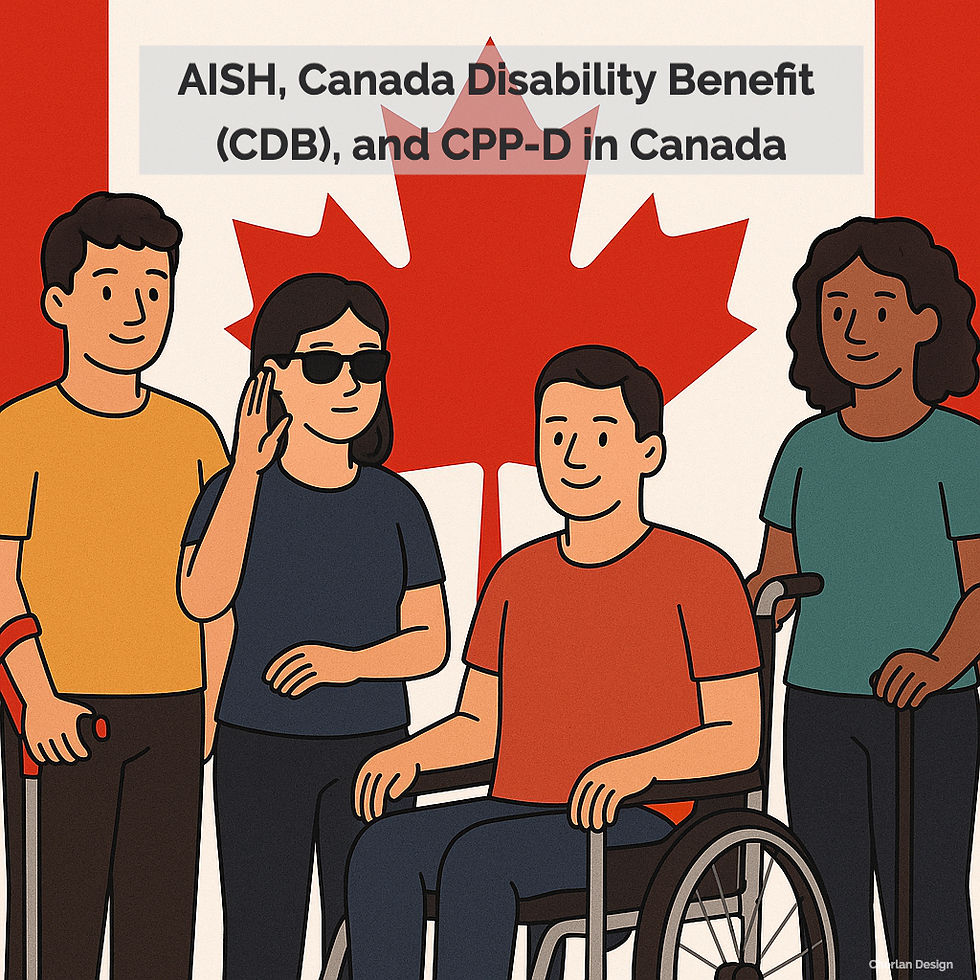 A group of diverse people with visible disabilities (including a wheelchair user and a person using a white cane) standing proudly in front of a waving Canadian flag, symbolizing unity, strength, and inclusion in Canada.