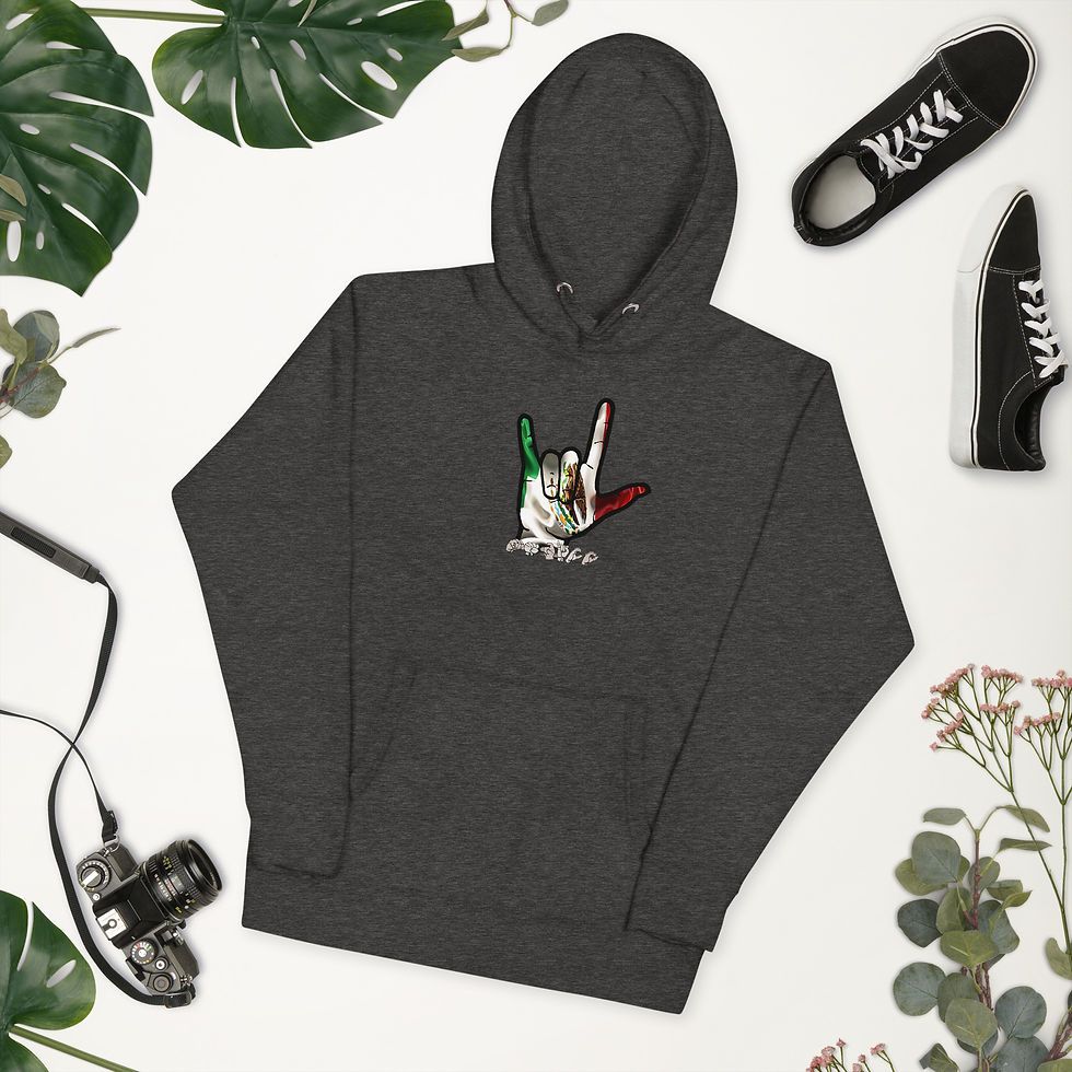 Thumbnail: ASL 'ILY' Hands and the Colors of the Mexican Flag: Unisex Hoodie