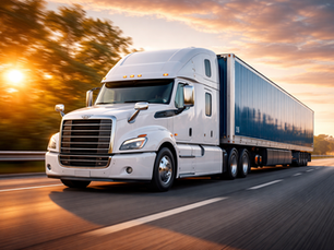 Modern full truckload (FTL) semi-truck delivering freight on the highway at sunset, representing reliable long-haul trucking, fast cargo transportation, and professional freight shipping services across California and Nevada.