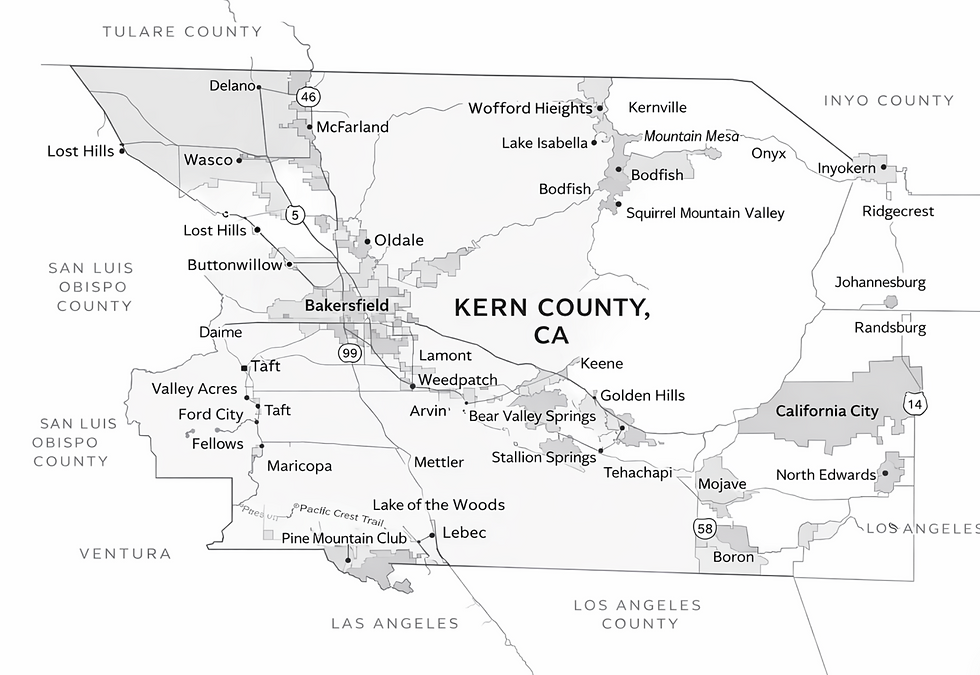 Kern County California service area map highlighting Courix courier delivery coverage including Bakersfield and surrounding regions
