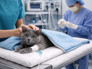 SEO alt text: Cat prepared for orthopedic surgery at a veterinary hospital, receiving pre-surgical care with IV support, highlighting advanced feline surgery, pet health care, and complete veterinary services