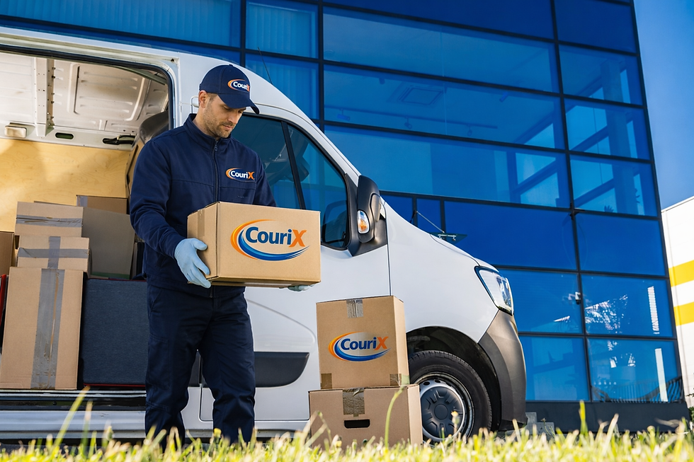Commercial courier unloading packages for business deliveries and logistics services