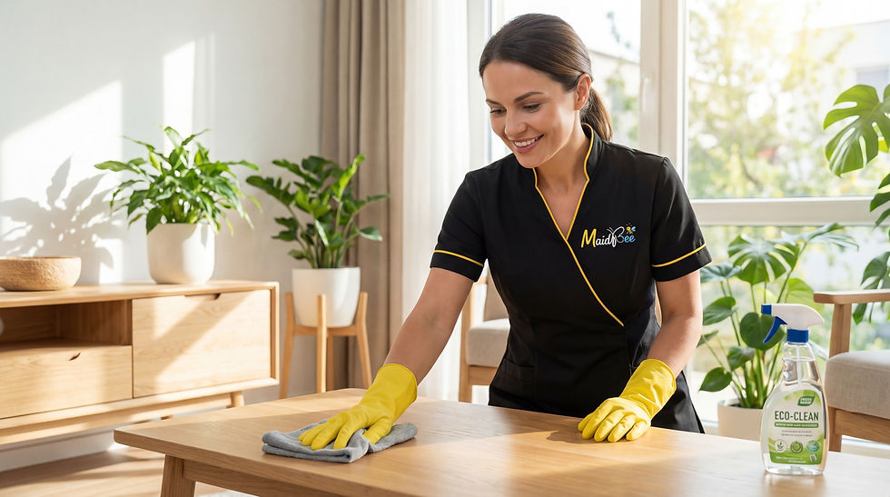 Professional MaidBee cleaner performing a 75-point home cleaning service, wiping a wooden table with eco-friendly products in a bright, modern living room.