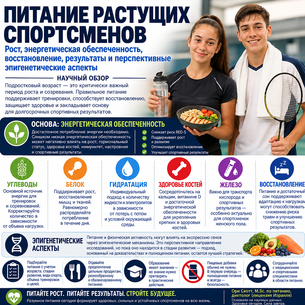 Питание растущих спортсменов: энергетическая обеспеченность, углеводы, белок, гидратация, здоровье костей, железо, восстановление и эпигенетика