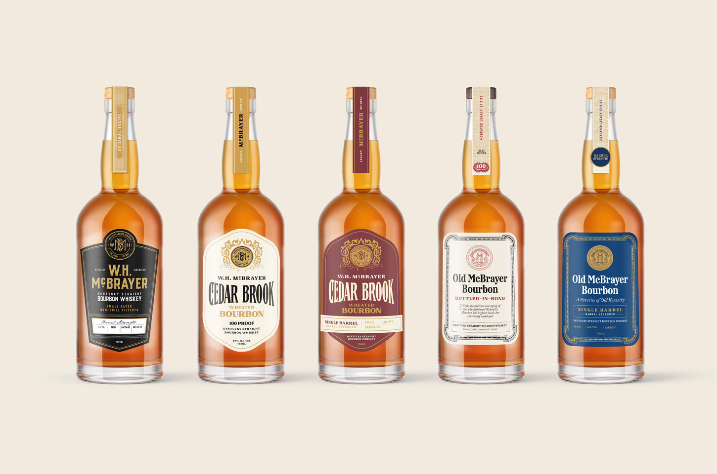 Five McBrayer Legacy Spirits branded bourbon bottles