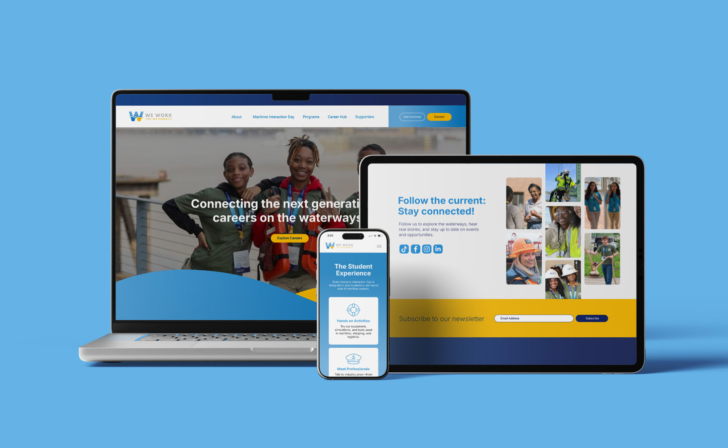 We Work the Waterways website on digital screens mockup