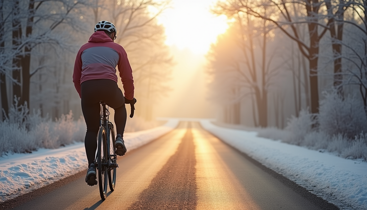 Eye-level view of a cyclist dressed in winter gear riding on a quiet country road surrounded by frosted trees