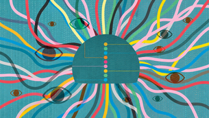 Illustration of tangled data cables and watching eyes, representing student data flowing through school systems
