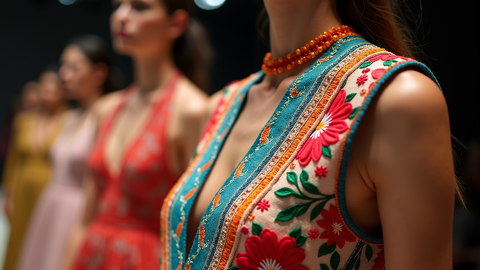 Close-up view of a colorful embroidered dress displayed at Latin Fashion Week New York