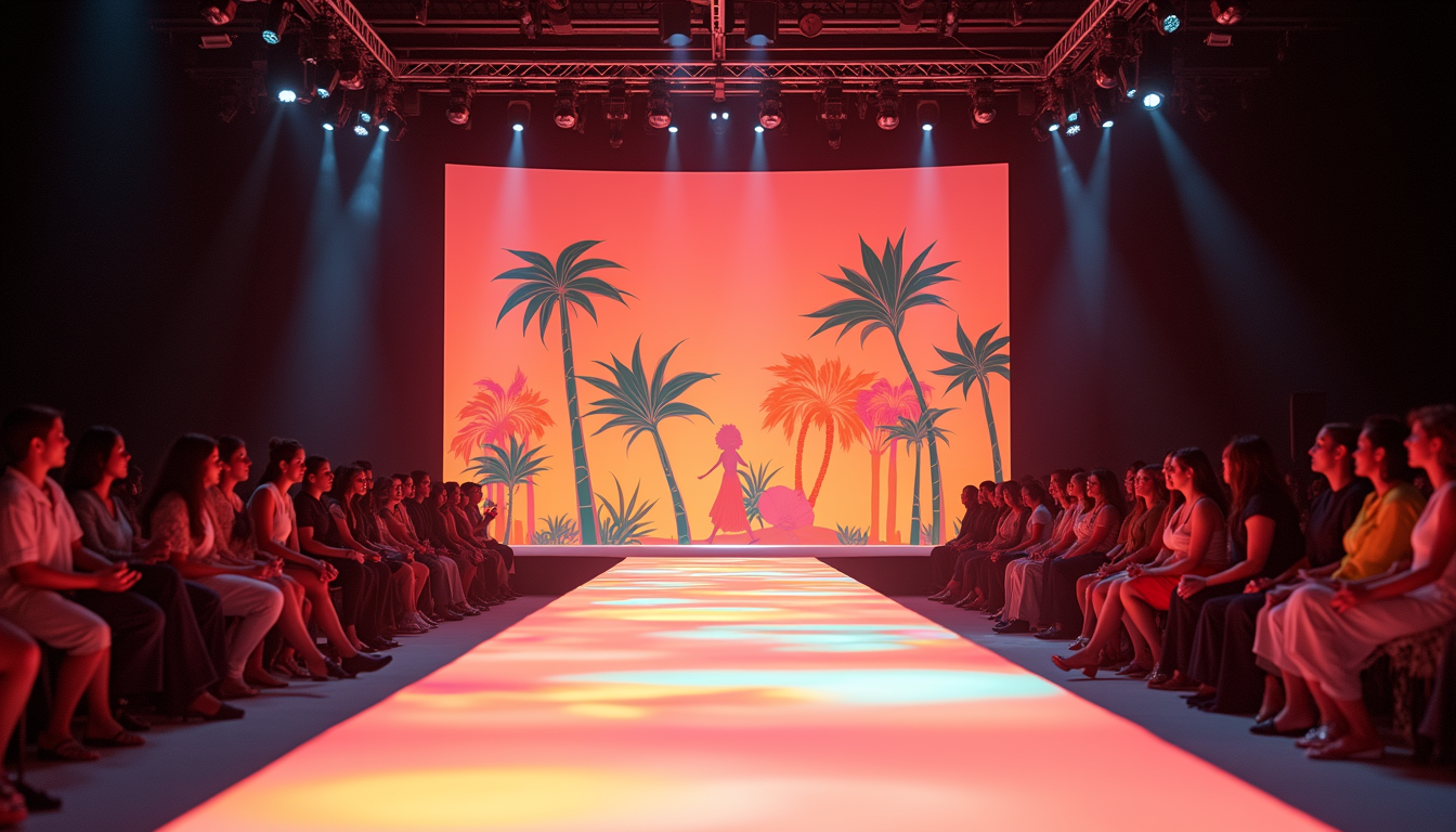 Eye-level view of a runway stage decorated with vibrant Latinx cultural motifs