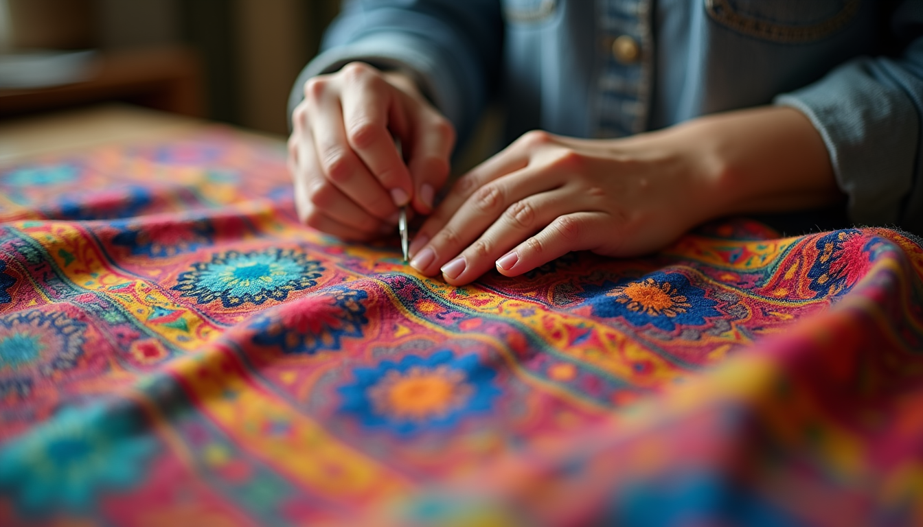 Designer sewing fabric with Latin American patterns