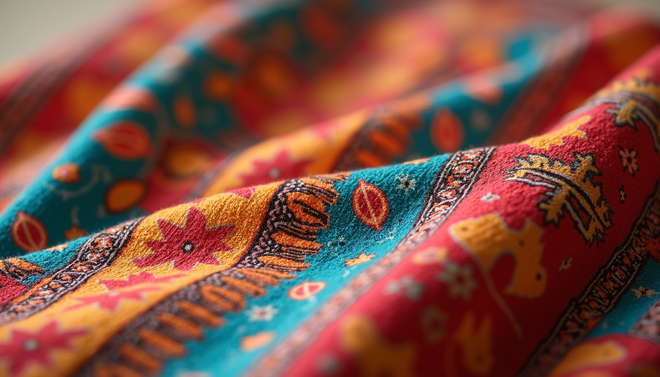 Close-up view of a colorful Latinx-inspired textile pattern on a designer’s fabric