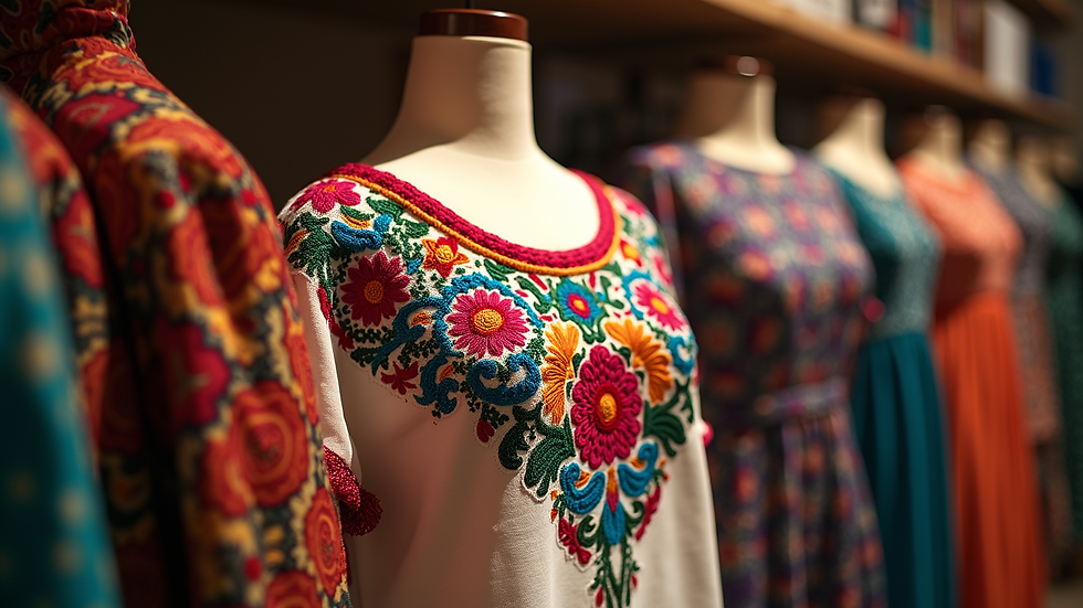 Eye-level view of a colorful traditional Latin American embroidered blouse on display