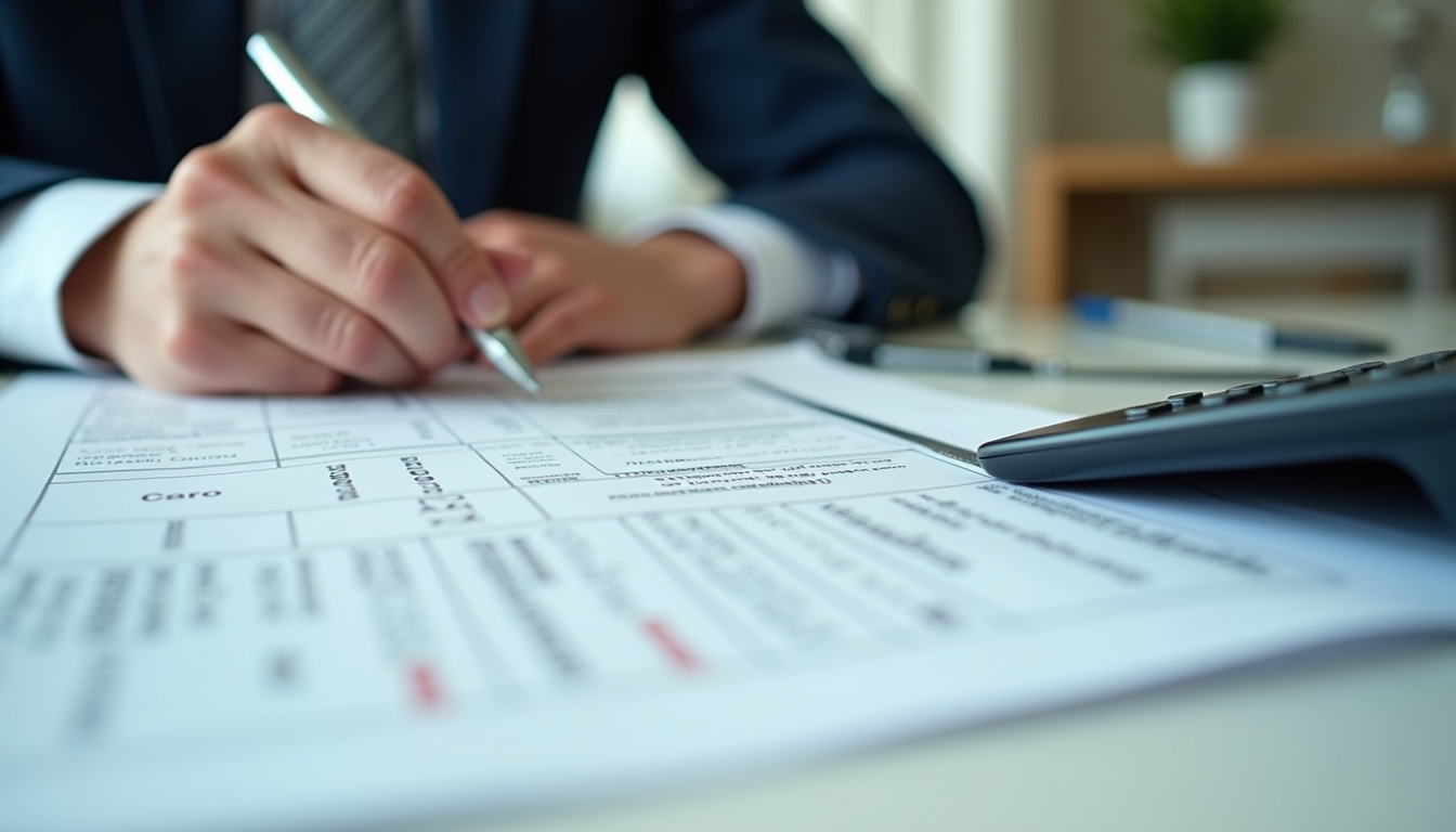 Close-up view of a person reviewing tax documents with a pen and calculator