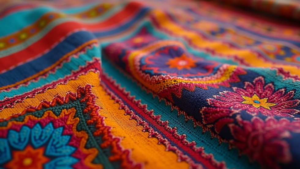 Close-up of colorful traditional Latin American fabric with intricate patterns