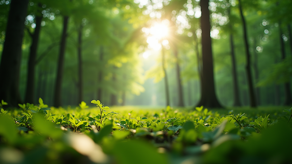 Eye-level view of a lush green forest with sunlight filtering through the leaves