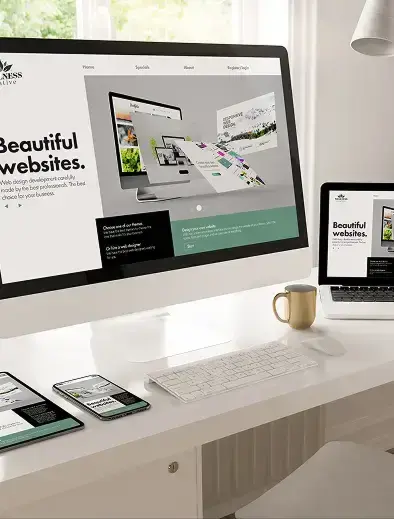 sample images of web design services from Wellness creative on a laptop, an iphone, an ipad, and a monitor