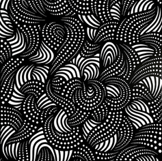 Painting, black and white curved and intertwined lines with some of the lines filled with circles.
