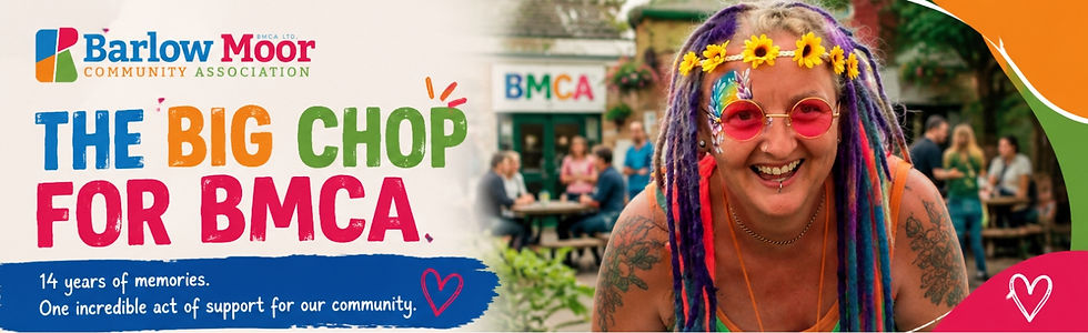Toni Toner smiling with colourful dreadlocks before The Big Chop fundraiser for Barlow Moor Community Association, raising money to support local people and community services in Chorlton.