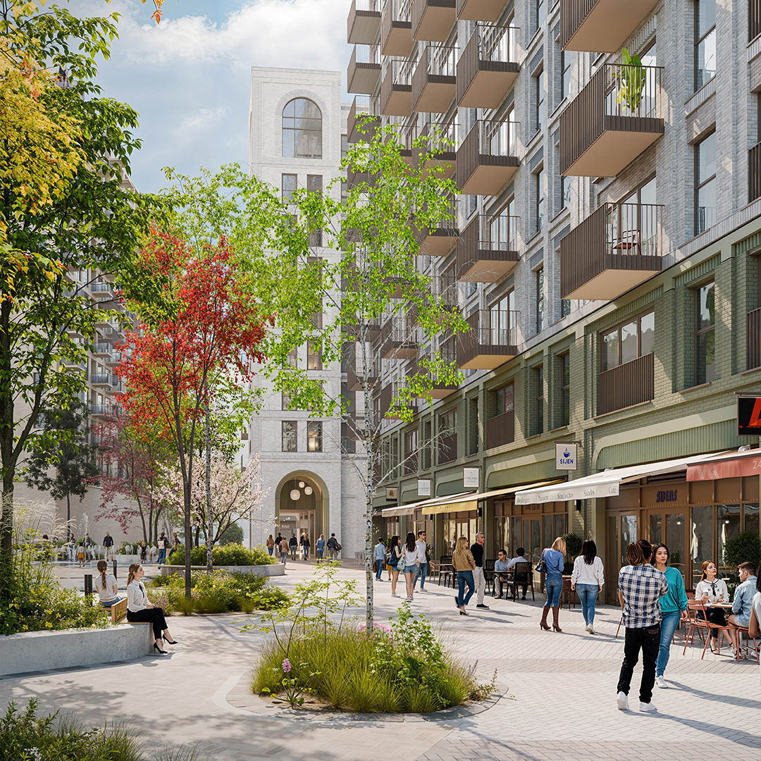 Computer-generated view of a landscaped pedestrian route in the Slough Central proposals