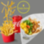 Fries in red carton, Coke can, and gyro with lettuce, tomato, fries, and chicken on gray background. Tasty Gyros logo in yellow.