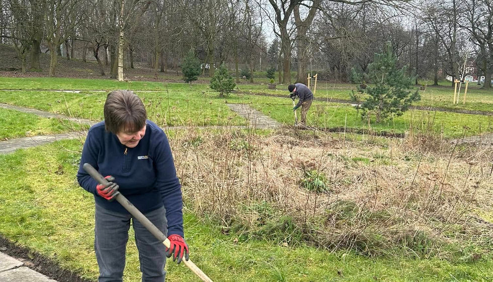 A man and a women weeding a grassed area and path