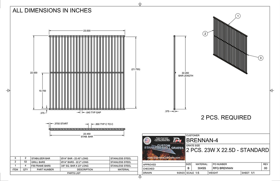 Thumbnail: BRENNAN - CUSTOM GRILL GRATE SET 36X16 AND 2PCS. 23X22.5