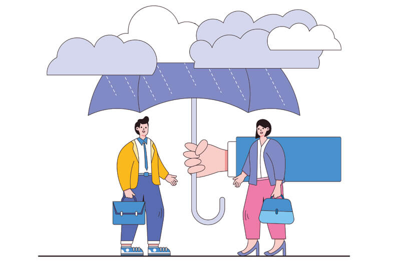 Eine Hand hält einen Regenschirm über eine arbeitende Frau und einen arbeitenden Mann