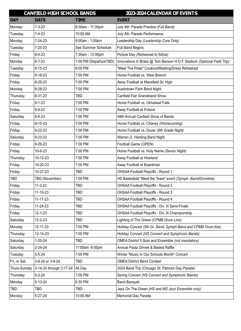 Canfield Bands 20232024 Performance Calendar