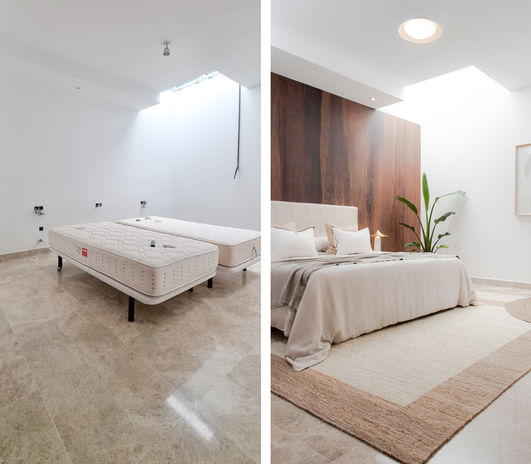 Antes y Después del dormitorio principal de una villa en Corralejo, Fuerteventura. 