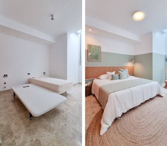 Antes y Después de uno de los tres dormitorios de una villa en Corralejo, Fuerteventura. 