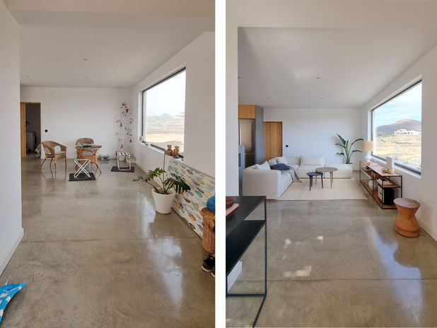 Antes y Después del salón de una villa en Lajares, Fuerteventura. 