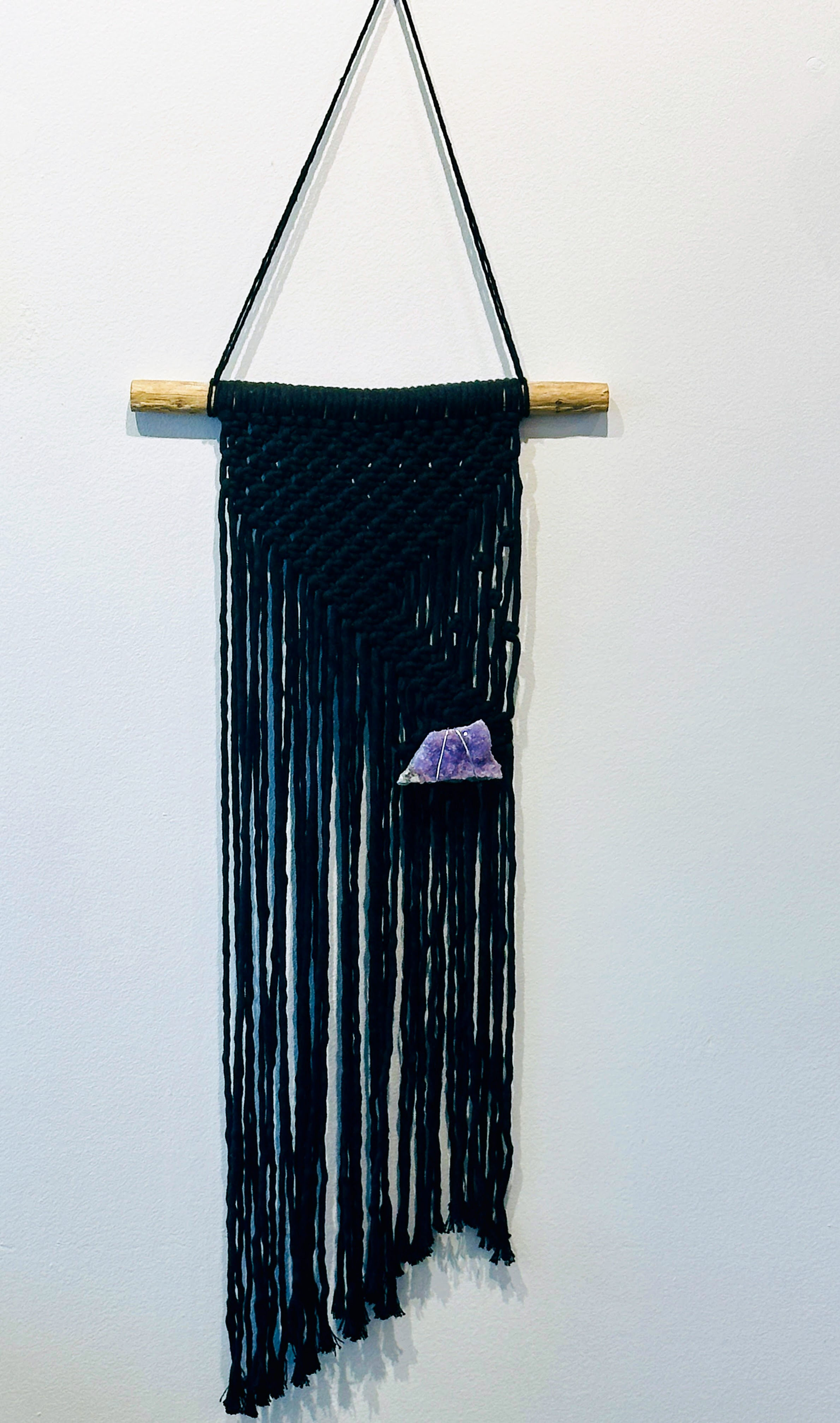 Radiant Knots Long Black Macrame Hanging with Amethyst